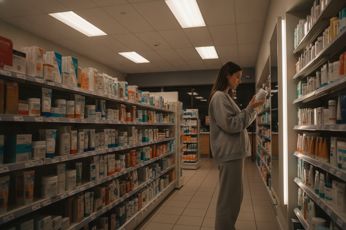 Woman browsing skincare products at a 24 hour pharmacy for affordable beauty and self-care essentials
