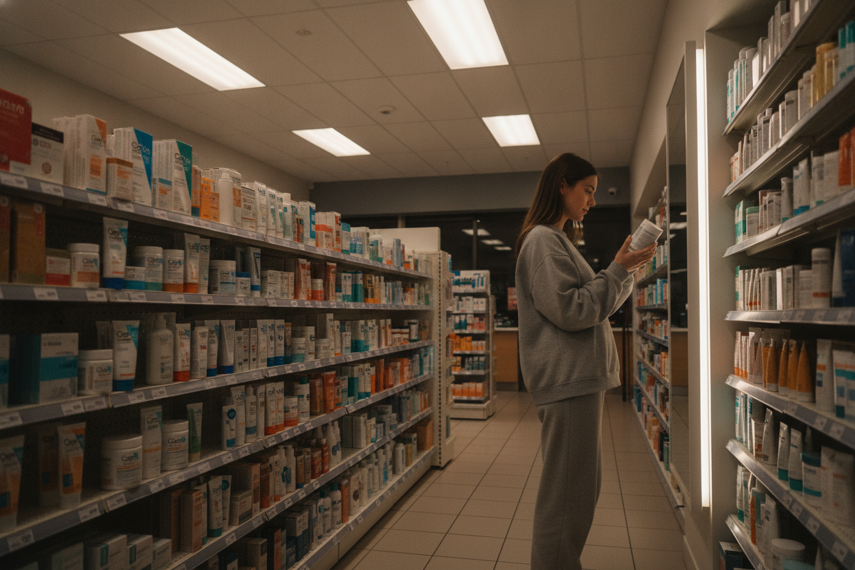 Woman browsing skincare products at a 24 hour pharmacy for affordable beauty and self-care essentials