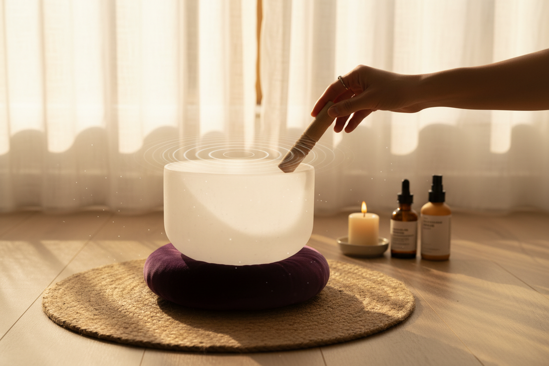 Relaxing at-home beauty ritual with a 528Hz singing bowl, skincare serums, and candle for self-care