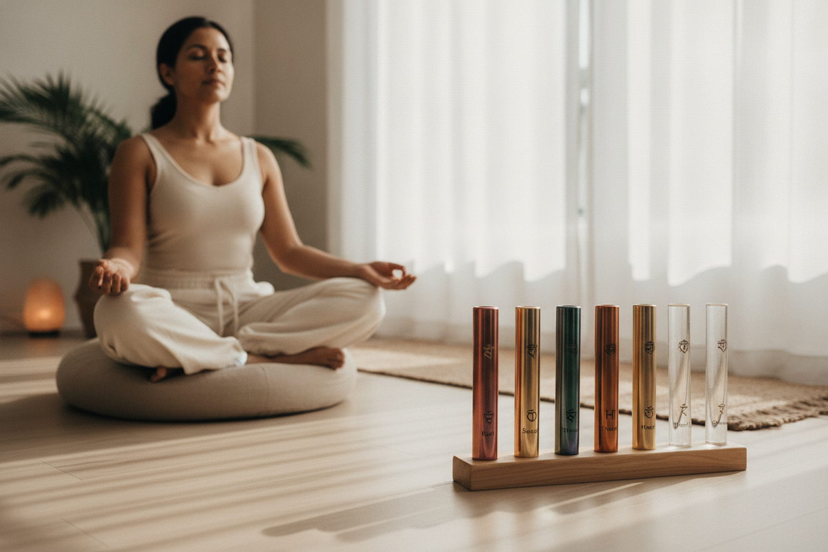Woman meditating with chakra sound healing tubes, promoting 7 chakra sound healing for self-care routines