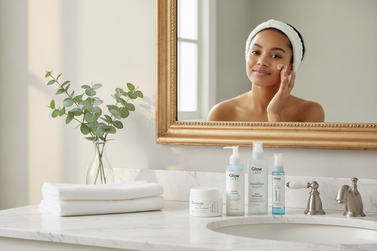 Woman applying skincare in bathroom with gentle products, not how to cook pasta, for self-care inspiration