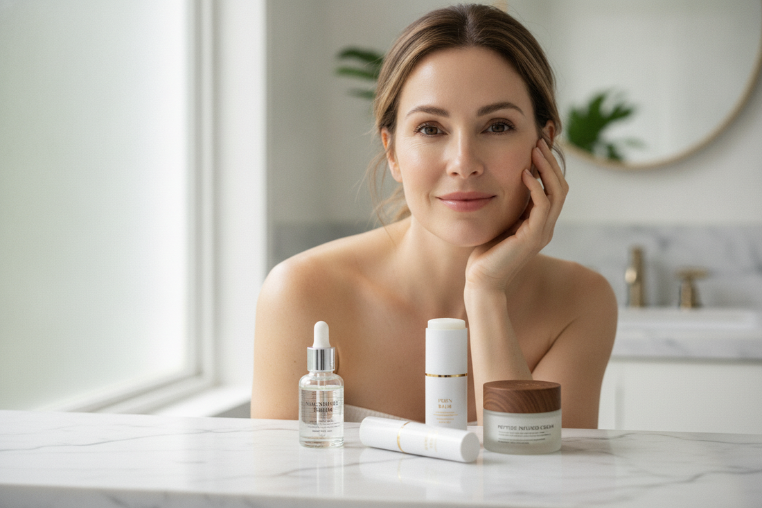 Woman smiling with skincare products featuring niacinamide, PDRN, and peptides for ageing and how they affect it