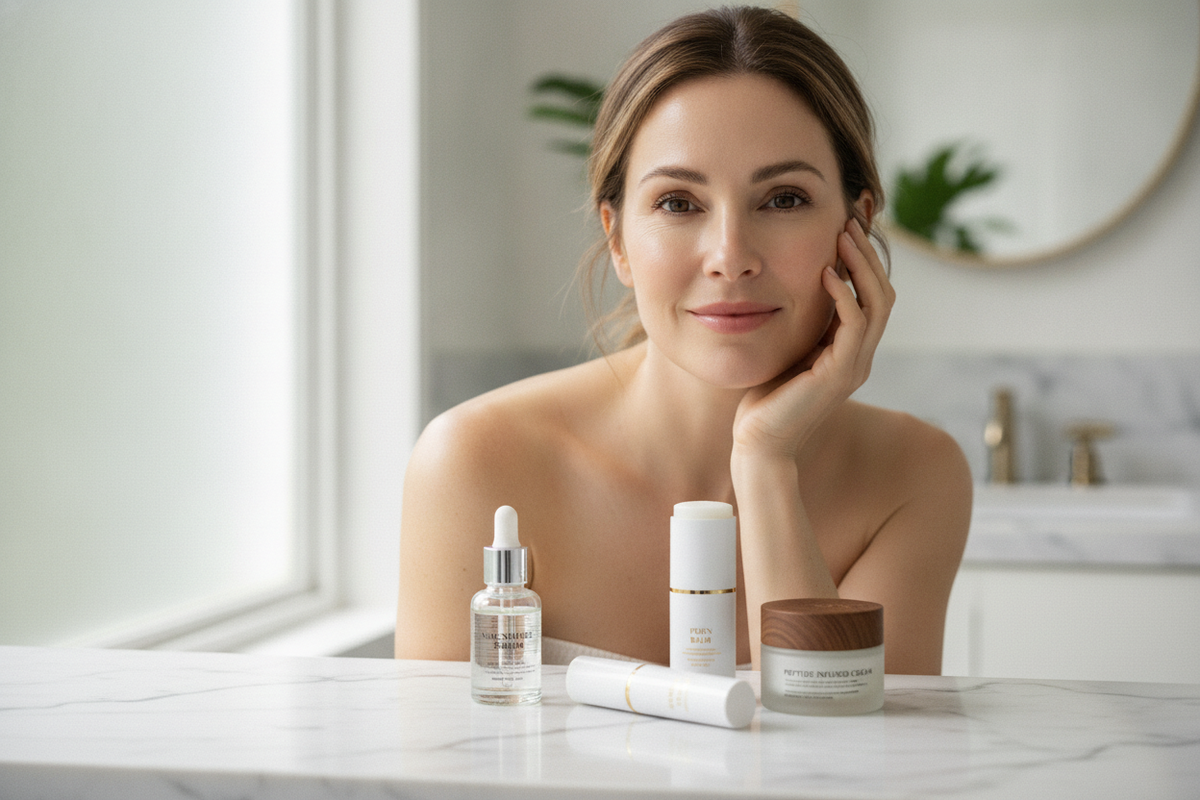 Woman smiling with skincare products featuring niacinamide, PDRN, and peptides for ageing and how they affect it