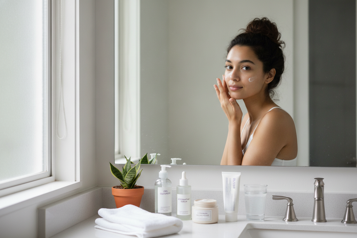 Woman applying moisturizer in a bright bathroom highlighting an easy alex consani skincare routine for glowing skin