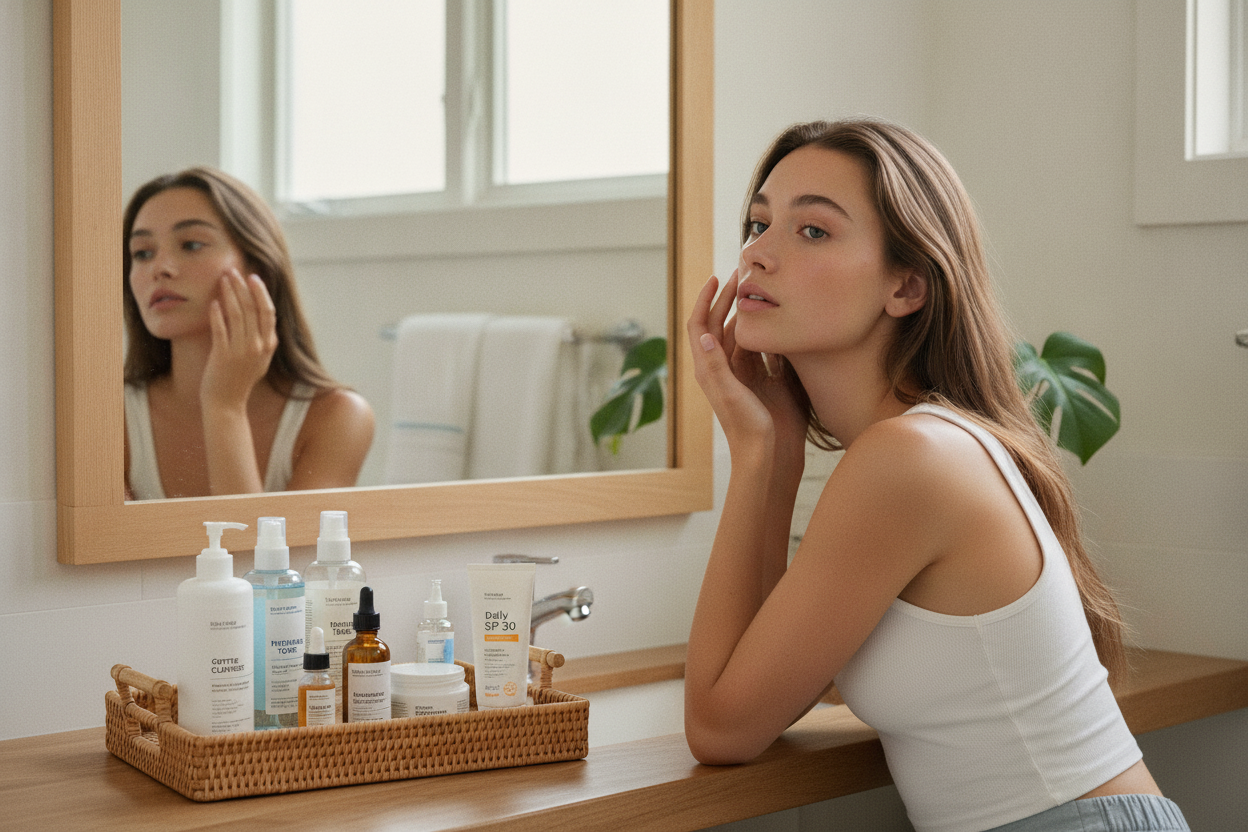 Affordable alex consani skincare routine with gentle products for glowing skin and easy at-home self-care