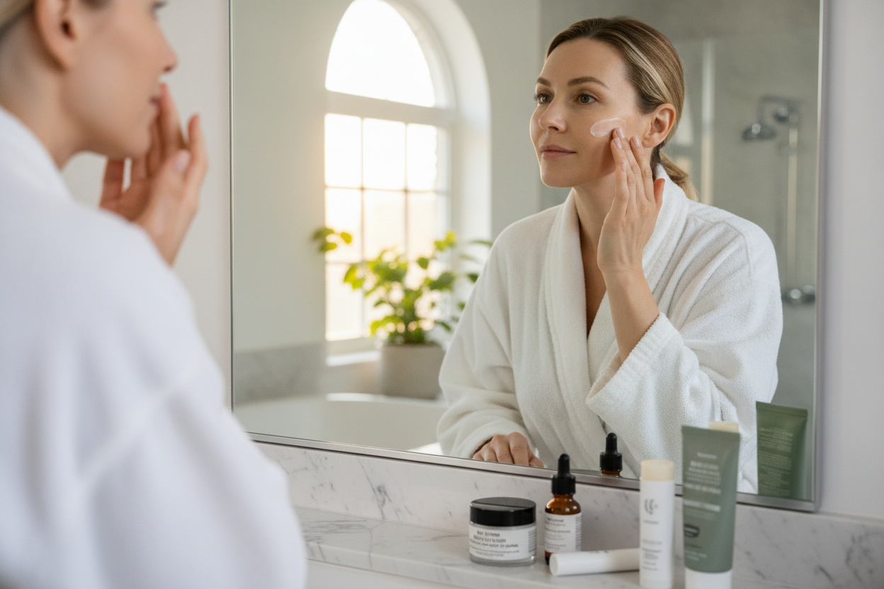Woman applying anti-aging face cream during a simple morning skincare routine for healthy, youthful skin