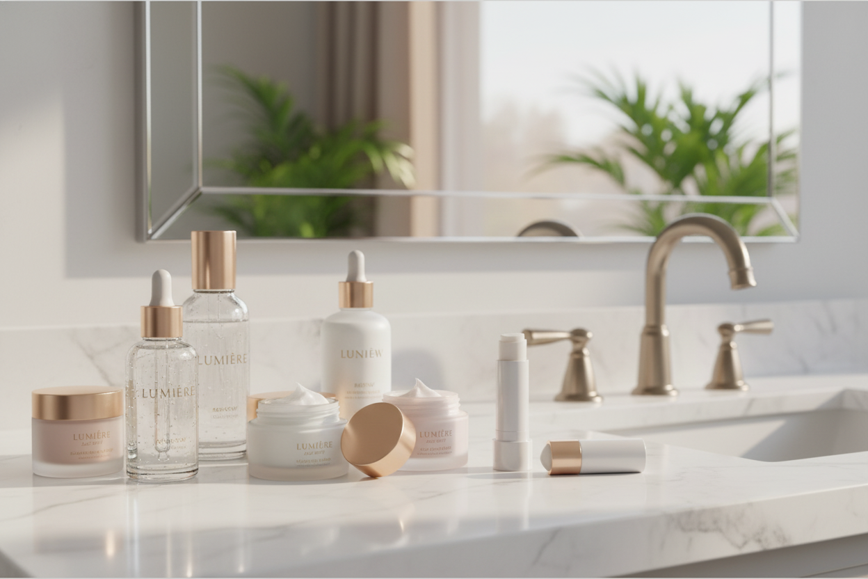 Anti-aging skincare routine essentials arranged on a bathroom counter for a simple at-home beauty regimen