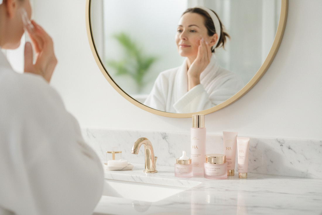Woman applying anti-aging skincare set in a bright bathroom for an affordable at-home beauty routine
