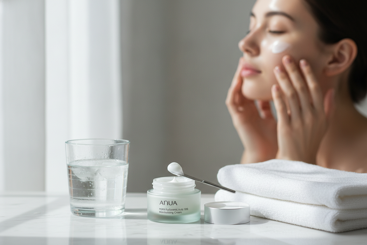 Woman applying anua pdrn hyaluronic acid 100 moisturizing cream for glowing, hydrated, budget-friendly skincare