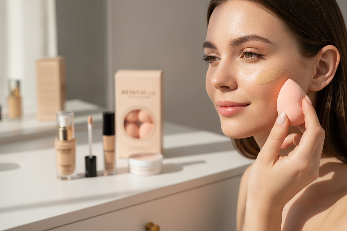 Flawless makeup application using a beauty blender for an easy at-home beauty routine