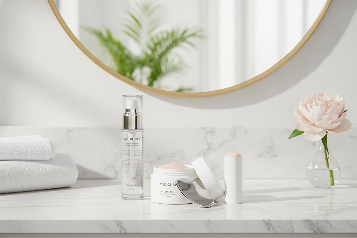 Best Sellers Medicube Collagen PDRN anti-aging firm moisturizing set displayed on a modern bathroom counter