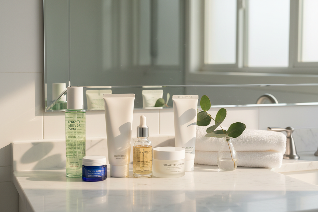 Affordable skincare products I use for a simple at-home beauty routine on a bathroom counter