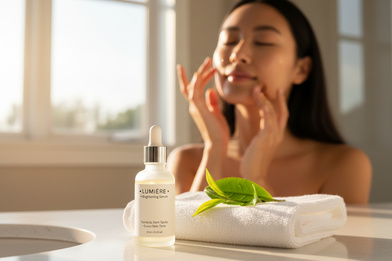 Brightening serum for dark spots applied in a gentle morning skincare routine for radiant, even skin
