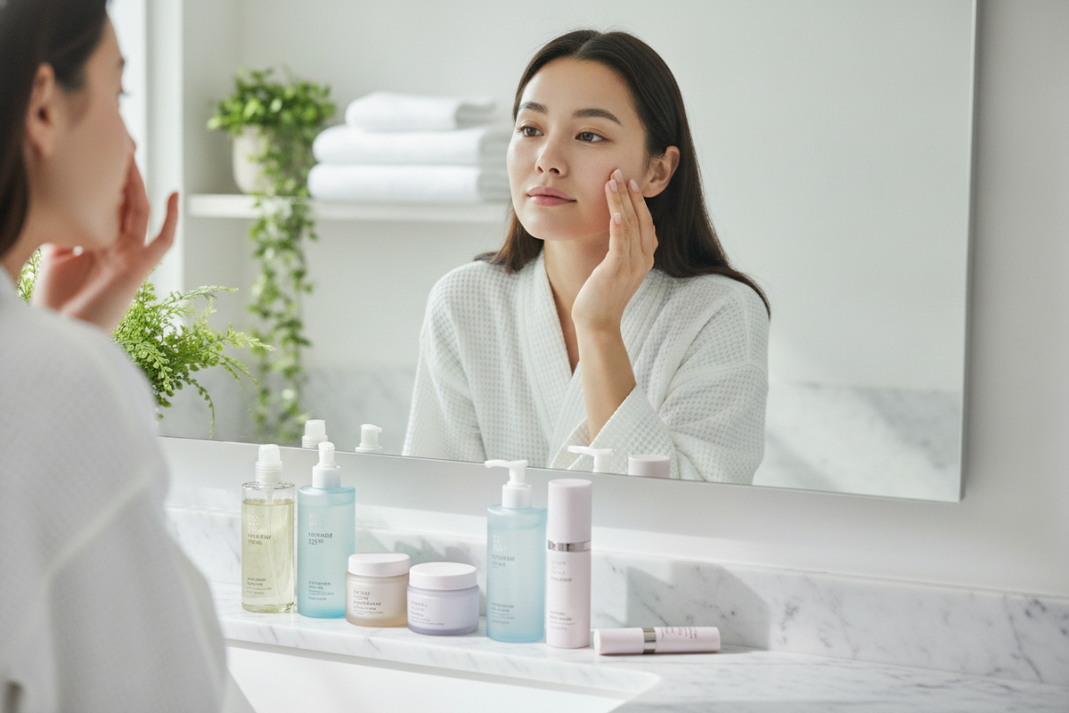 29 year old Woman applying moisturizer as she builds a Korean skin care routine before it is late for healthy, glowing skin