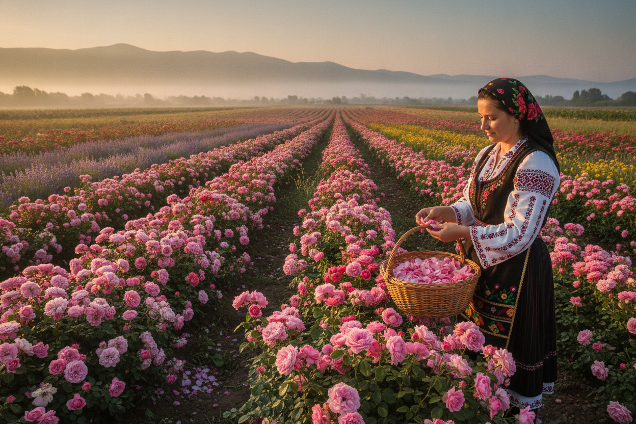 Bulgaria rose fields with a woman harvesting petals, inspiring natural beauty and affordable skincare routines