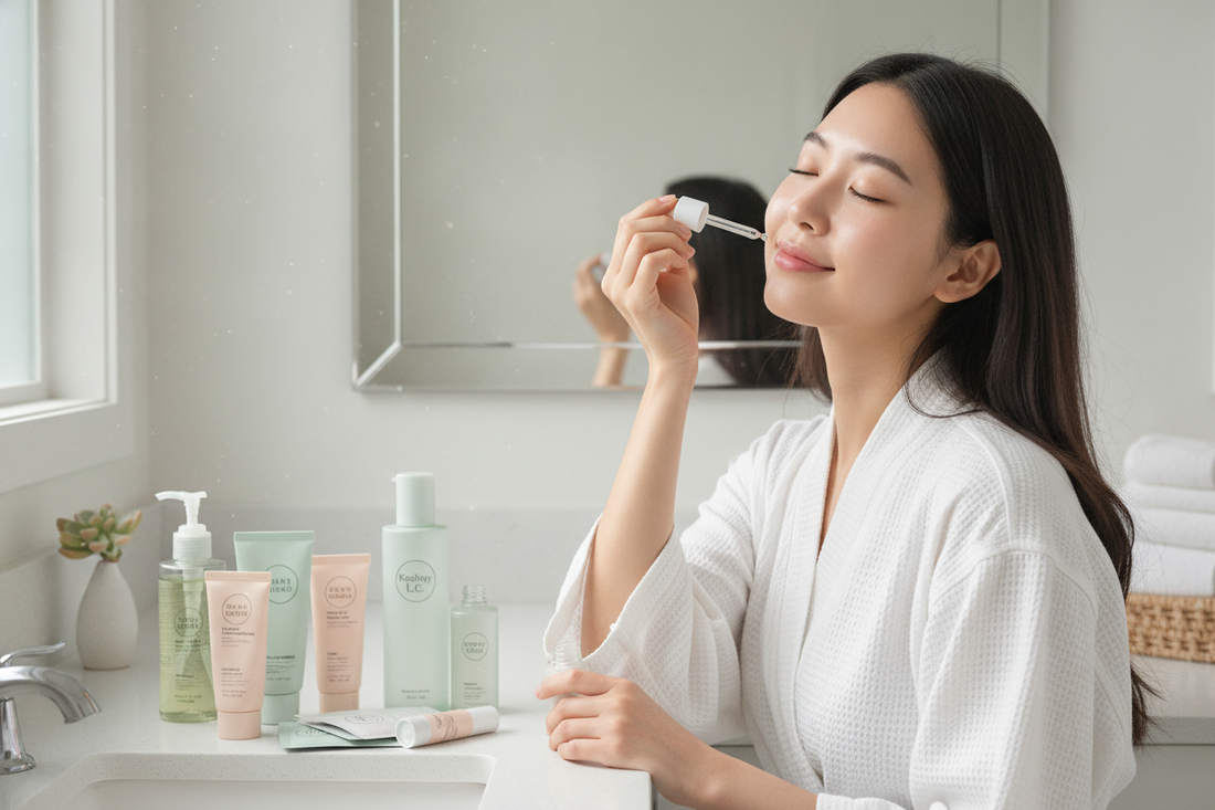 Woman enjoying buy affordable easy to make as a routine korean trending skincare for glowing, healthy skin at home