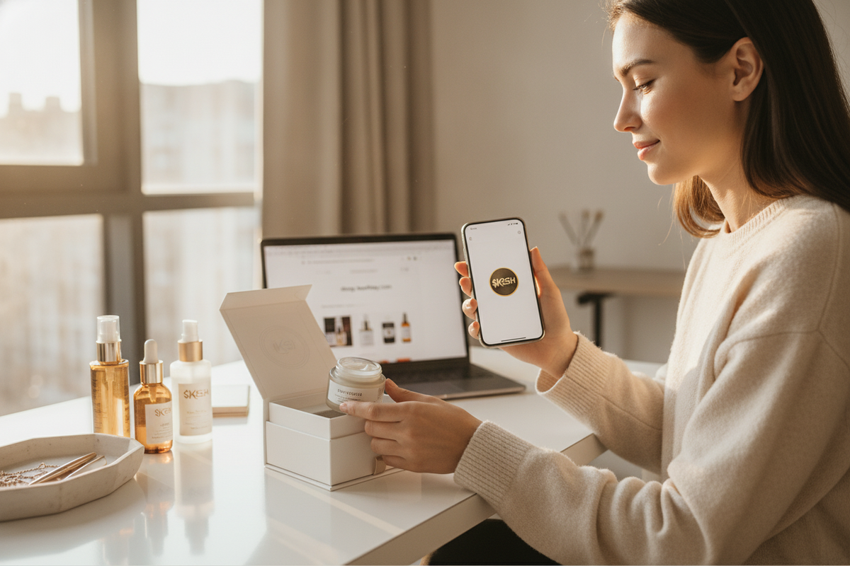 Young woman shops skincare online and buys goods and services with crypto meme coins for affordable beauty