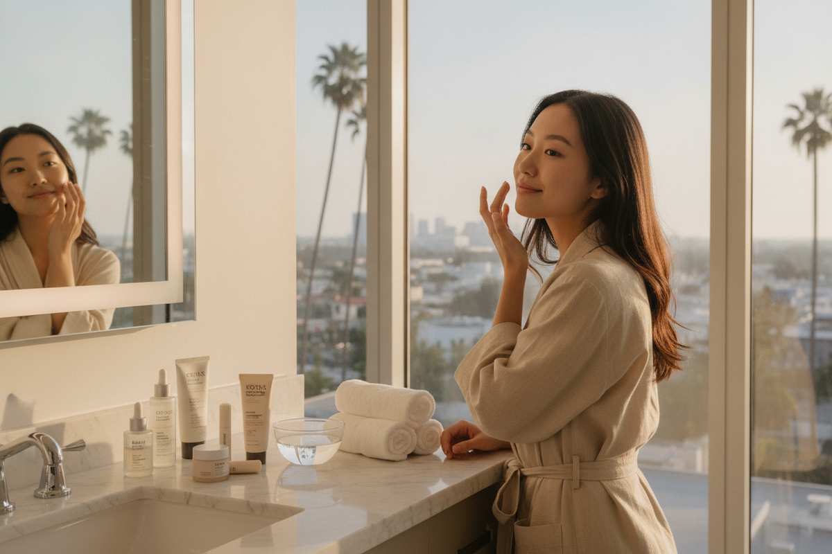 Young woman enjoying a skincare routine with popular products in the California K-beauty scene