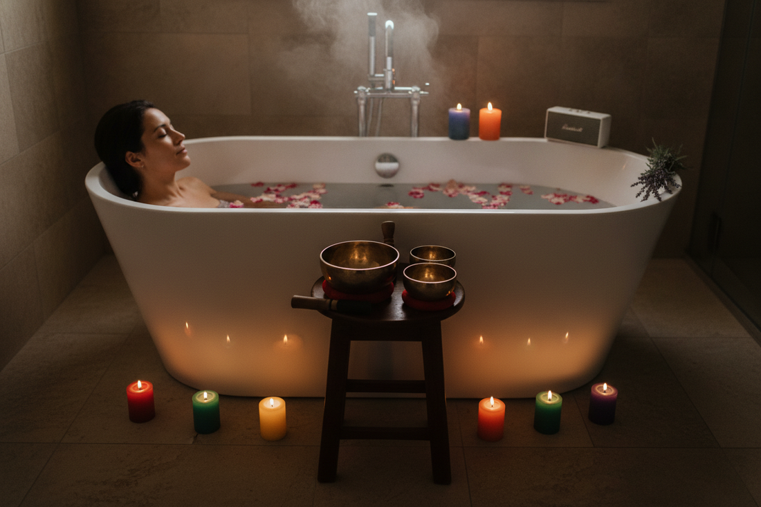 Relaxing chakra bath sound healing ritual with candles and singing bowls for affordable at-home self-care
