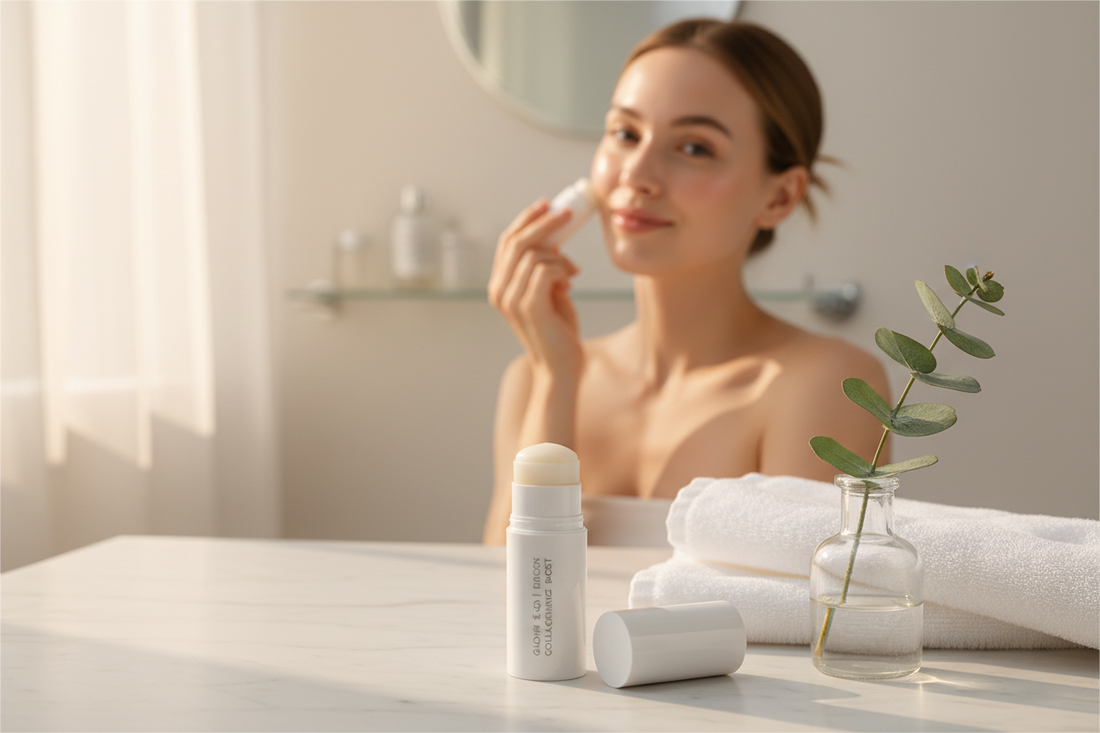 Woman applying collagen moisturizing stick for radiant, hydrated skin as part of a daily skincare routine