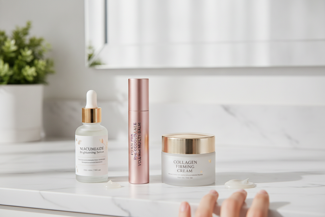 Collagen vs pdrn vs niacinamide skincare products displayed for affordable beauty and anti-aging routines
