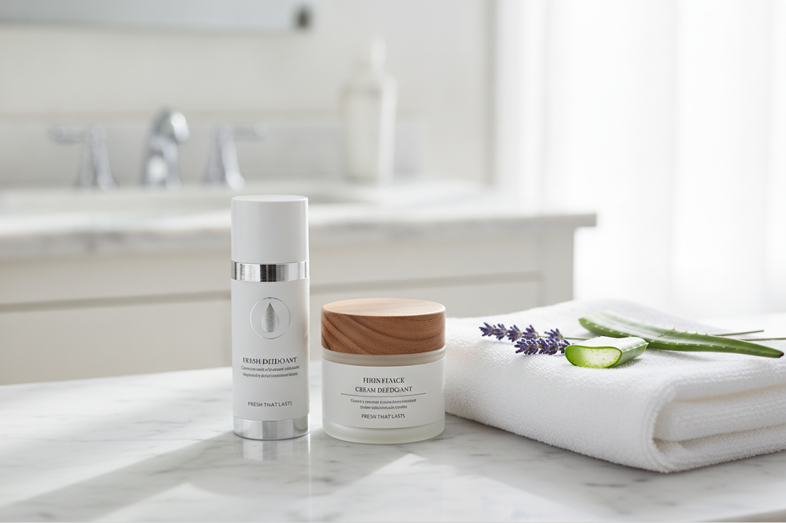 Fresh that last deodorant in a clean bathroom with aloe and lavender for gentle skincare routines