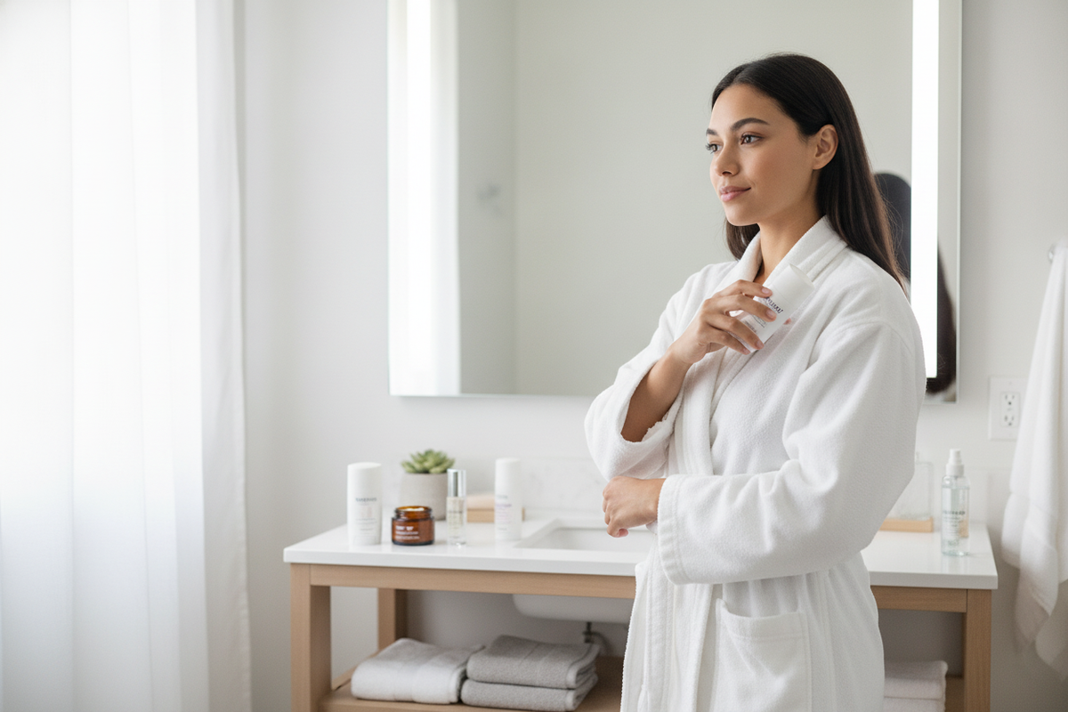 Woman in a white robe applying fresh that lasts deodorant for a confident, affordable beauty routine