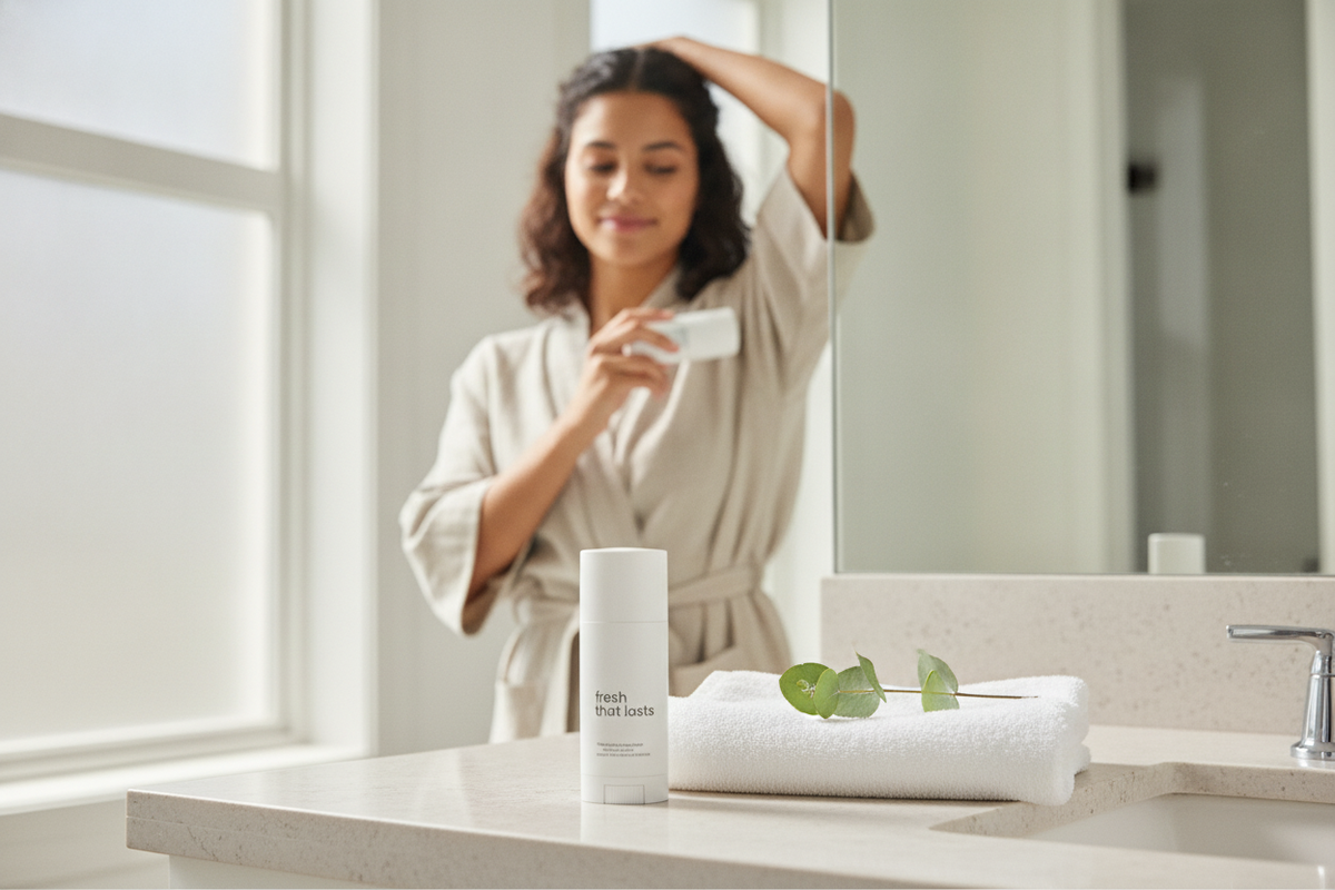 Woman applying fresh that lasts deodorant in a bright bathroom, perfect for daily confidence and self-care routines