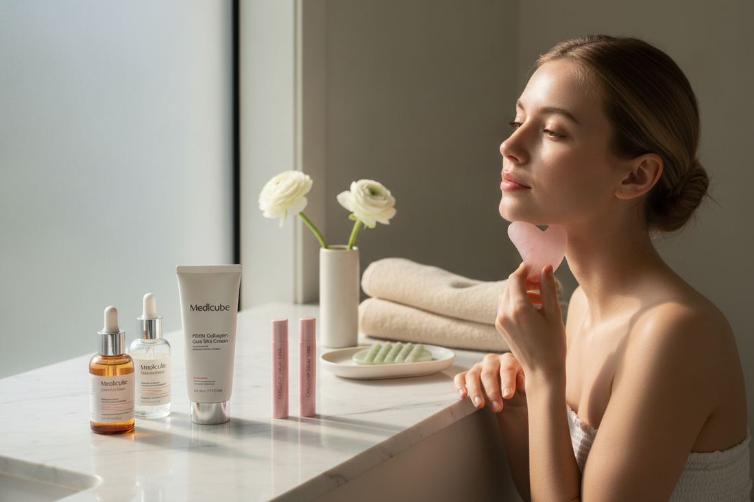 Woman practicing gua sha skincare routine with affordable beauty products for glowing, youthful skin at home