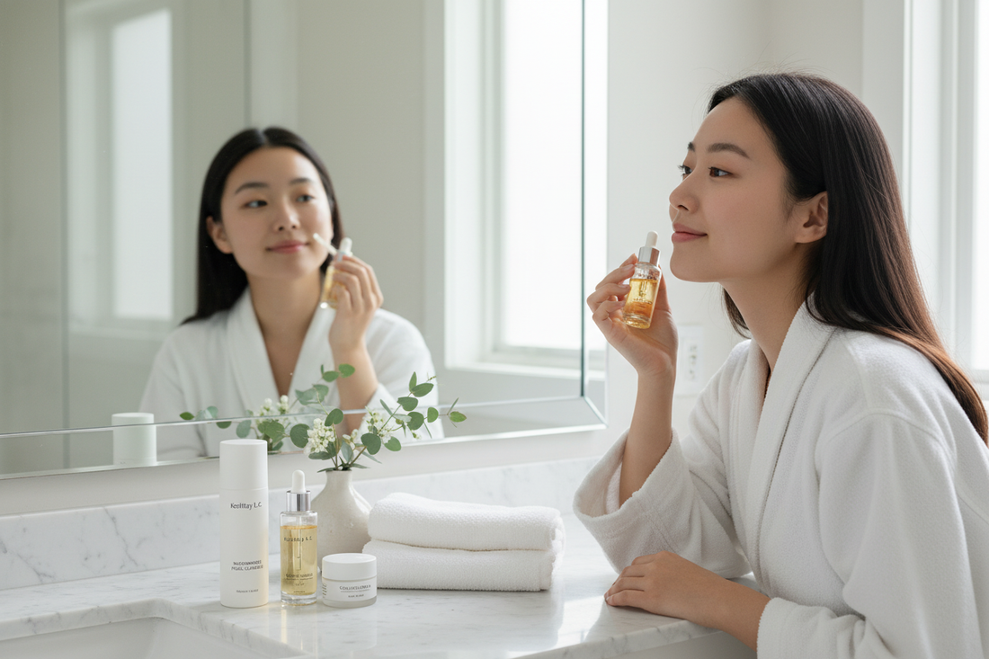 Woman applying serum in bathroom as part of how to build a skincare routine for healthy, glowing skin