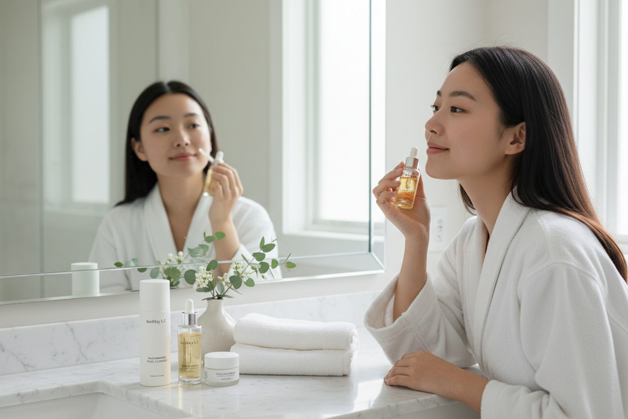 Woman applying serum in bathroom as part of how to build a skincare routine for healthy, glowing skin