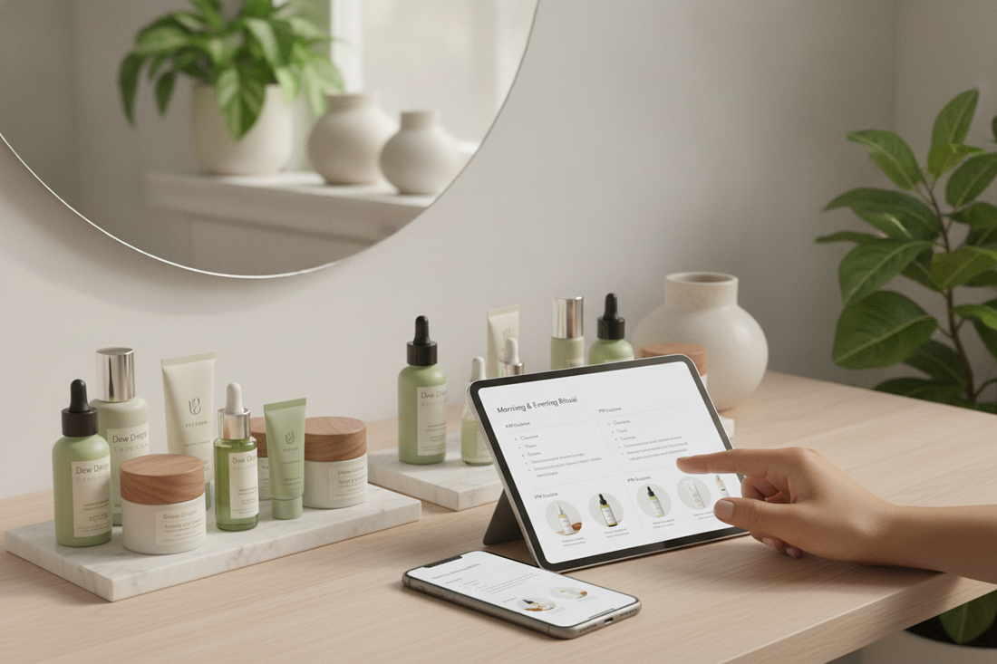 Tablet on vanity showing how to edit PDF skincare routines for personalized at-home beauty and self-care