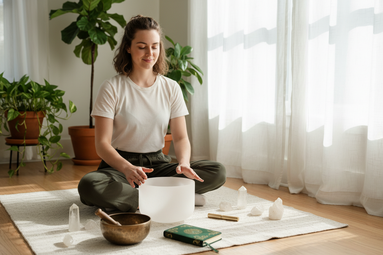 Woman practicing how to use singing bowls for manifestation abundance relationship in a peaceful home setting