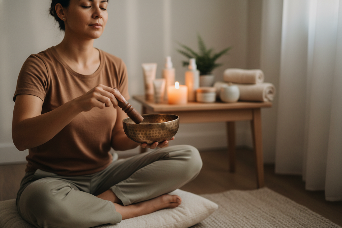 Woman practicing how to use singing bowls for a relaxing at-home self-care beauty routine