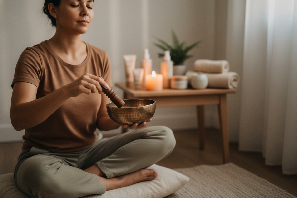 Woman practicing how to use singing bowls for a relaxing at-home self-care beauty routine