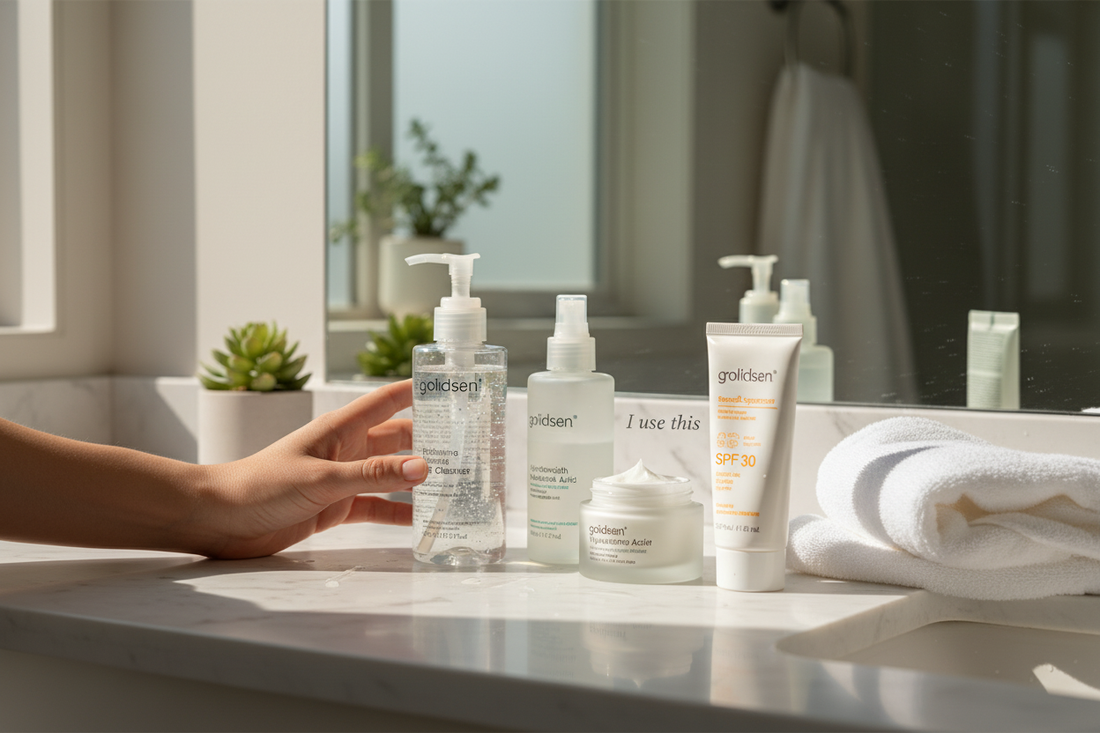 Affordable skincare essentials on a bathroom counter with a sign that says i use this for daily beauty routines