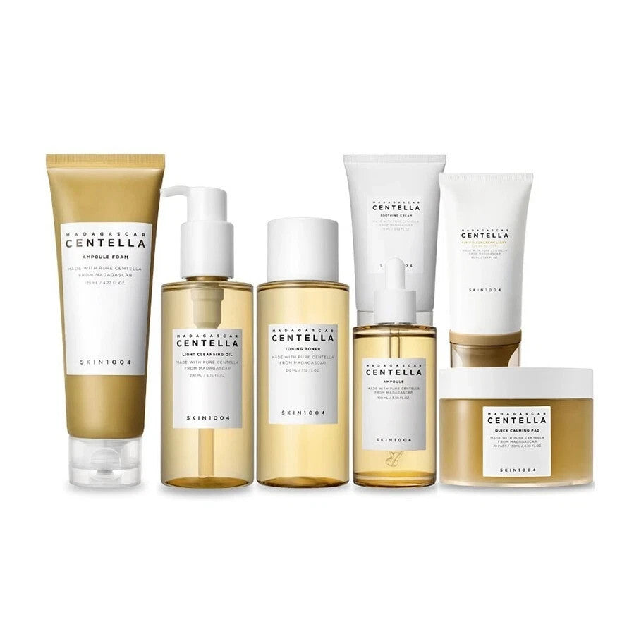 Korean centella sensitive skincare 7 pieces set displayed on a bathroom counter for gentle daily routines