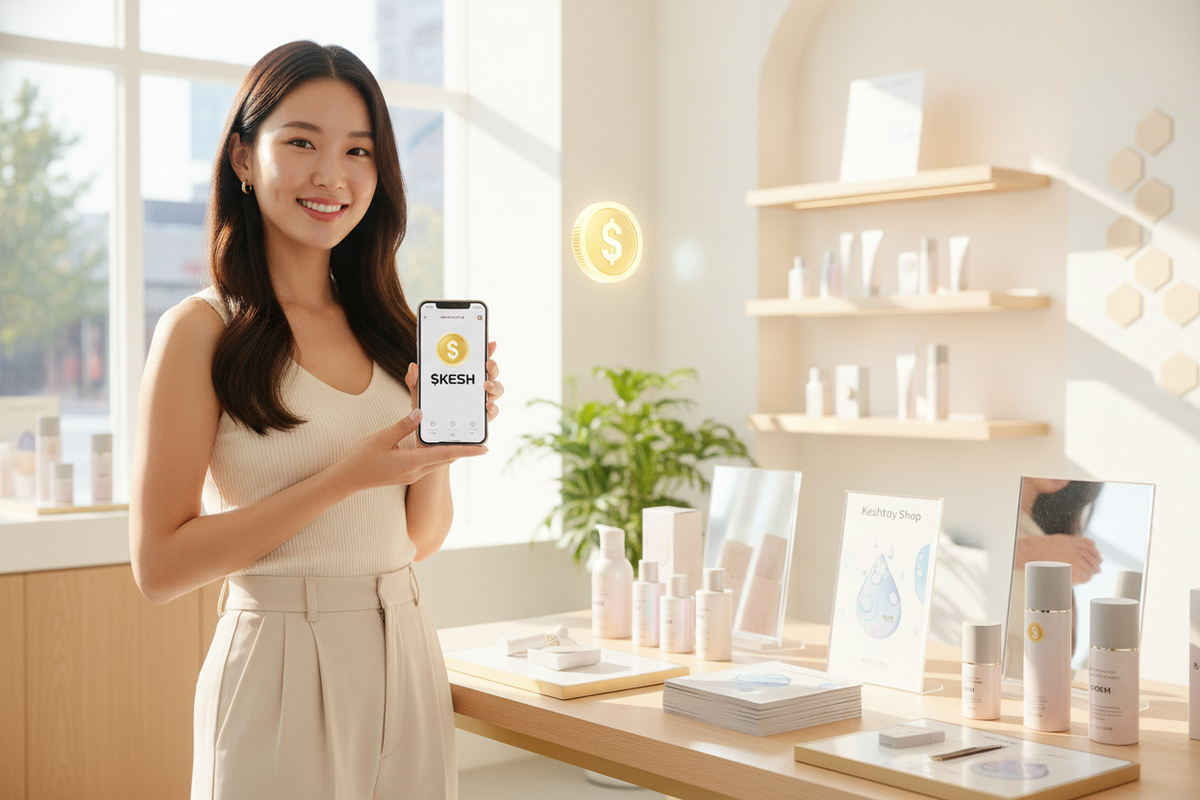 Smiling shopper uses Keshtay Shop to buy K-beauty products with their meme coin for affordable skincare