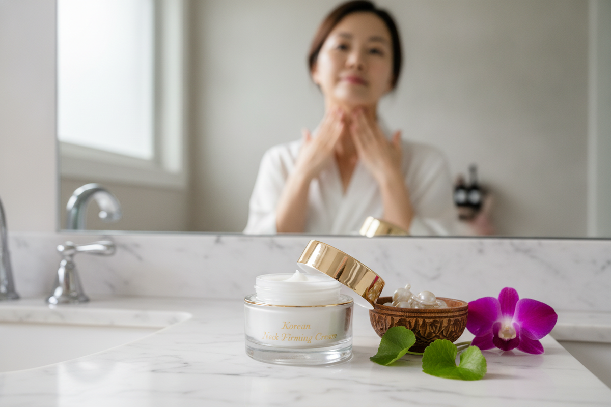 Woman applying Korean neck firming cream during her daily skincare routine for affordable at-home self-care