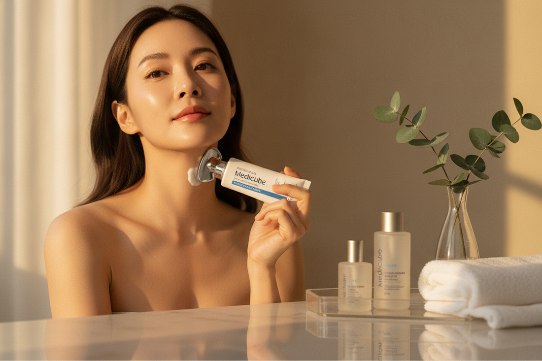 Radiant woman applying Korean neck firming cream medicube for youthful, smooth skin in a serene skincare routine