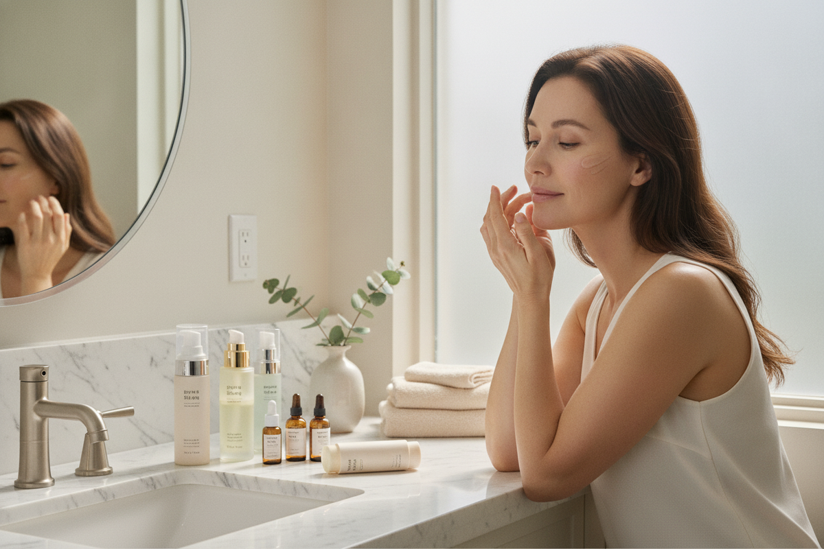 Radiant woman enjoying korean skin care for 49 year old women with gentle products in a bright bathroom