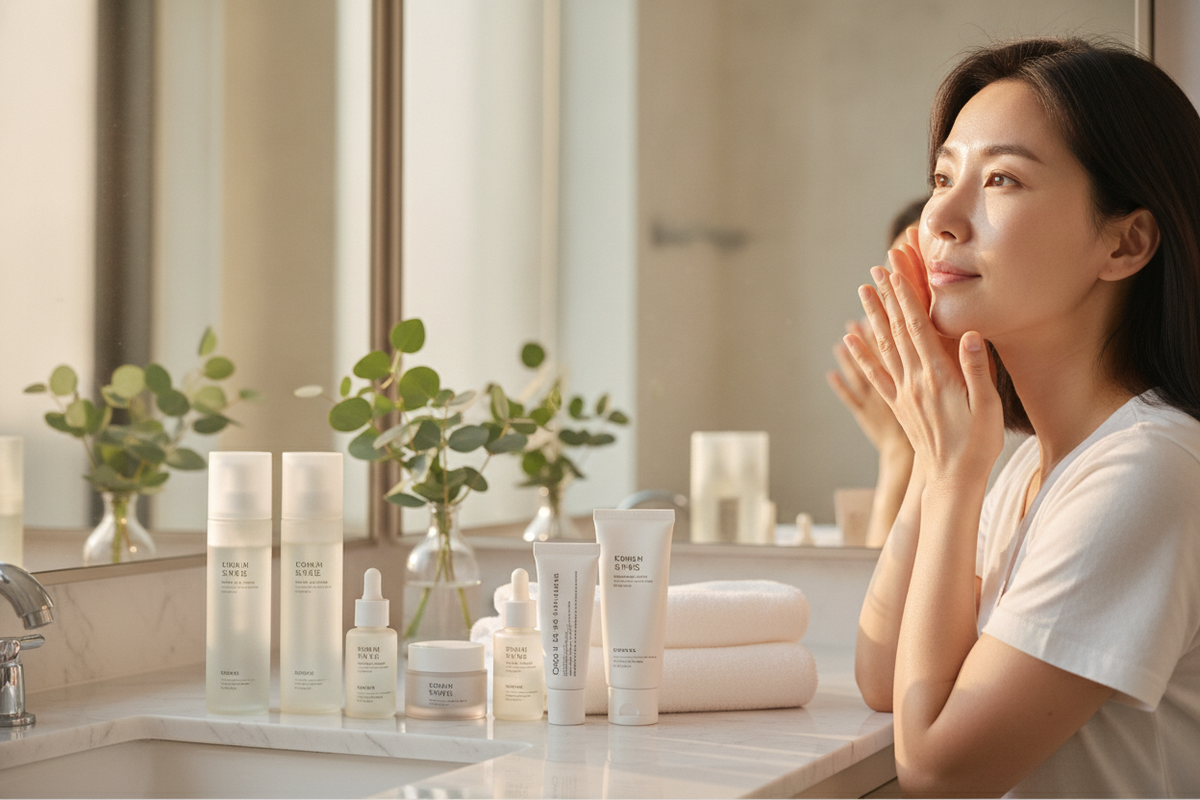 Young 39 year old woman practicing korean skin care routine before it is late with gentle products at home