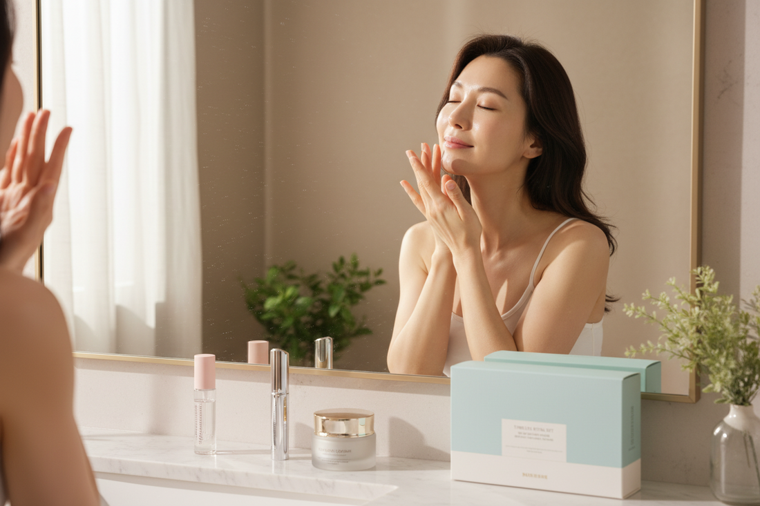 Woman enjoying Korean skincare anti-aging routine with affordable products for radiant, youthful skin at home