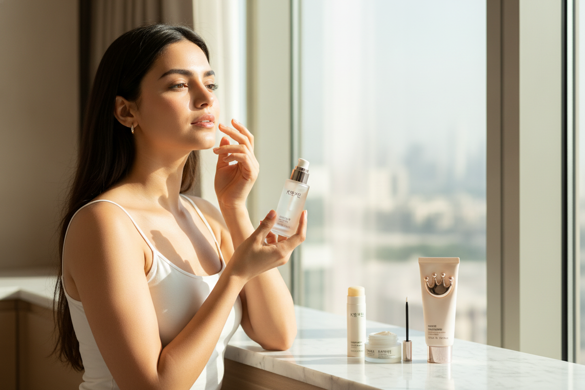 Woman applying Korean skincare anti-aging products with most affordable UAE shipping for glowing skin