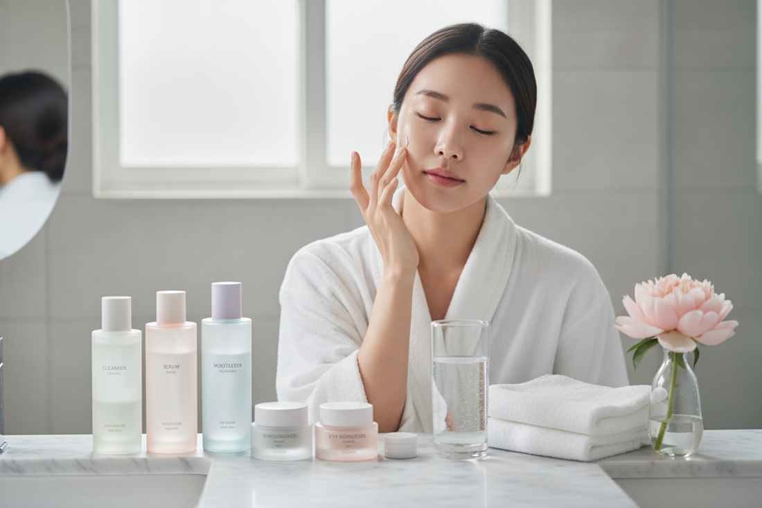 Woman applying cream from a Korean skincare bundle for an affordable at-home beauty routine