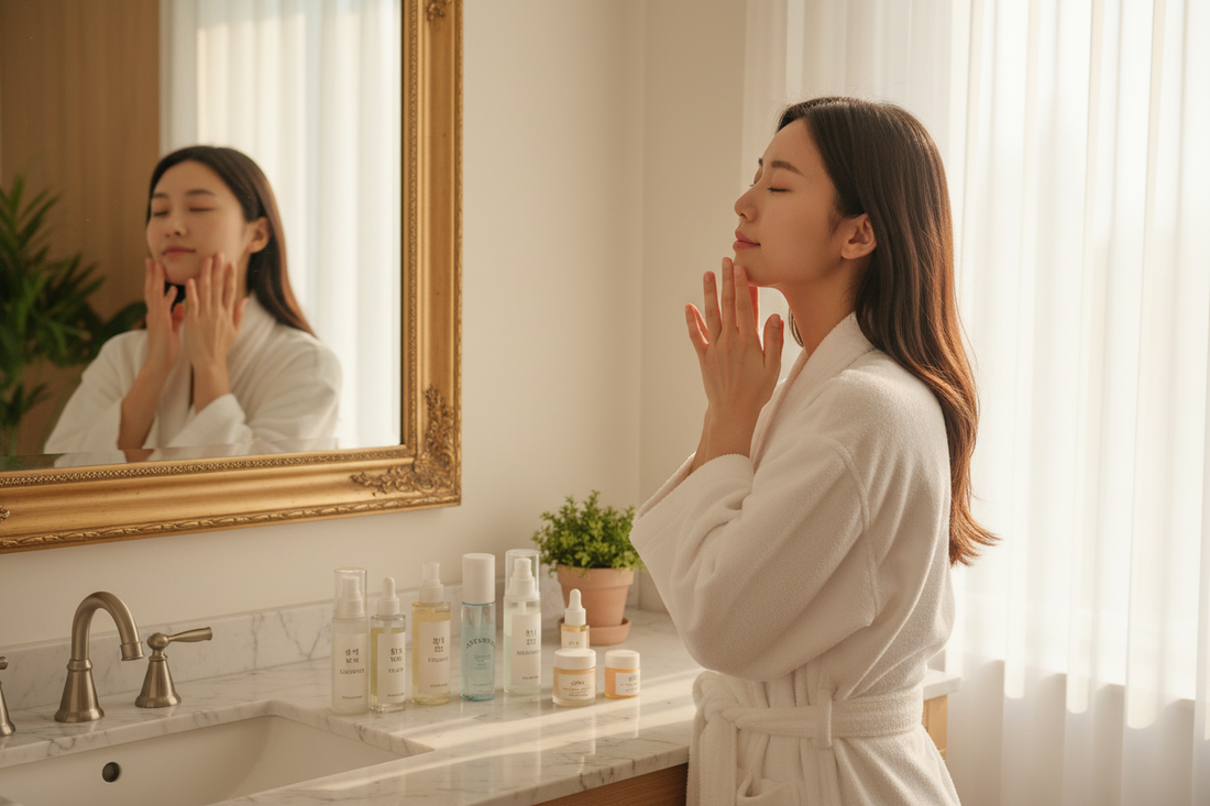 Woman practicing Korean skincare routine with gentle products for glowing, healthy skin at home