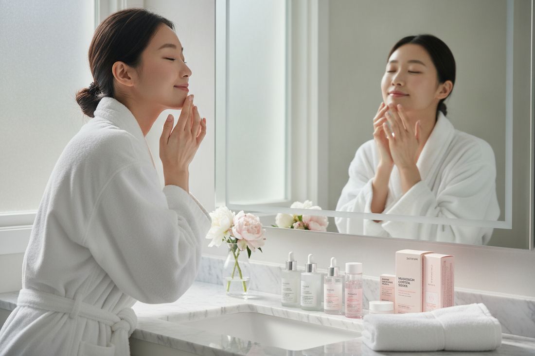 Woman enjoying Korean skincare routine with affordable beauty products on a bathroom counter for glowing skin