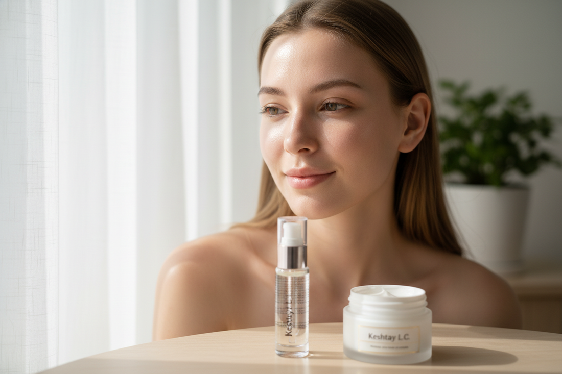 Radiant woman with glowing skin using skincare products, highlighting lumen meaning for beauty routines