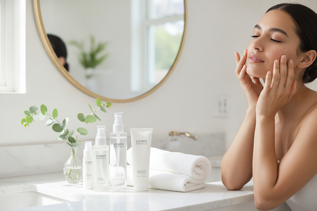 Lumin essence skincare routine for glowing, hydrated skin at home, perfect for affordable beauty and self-care