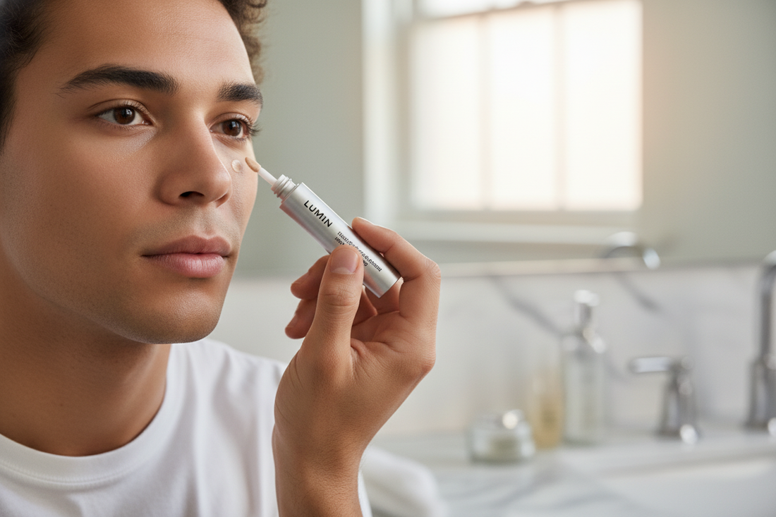 Man applying lumin instant dark circle corrector under eyes for brighter, refreshed skincare results